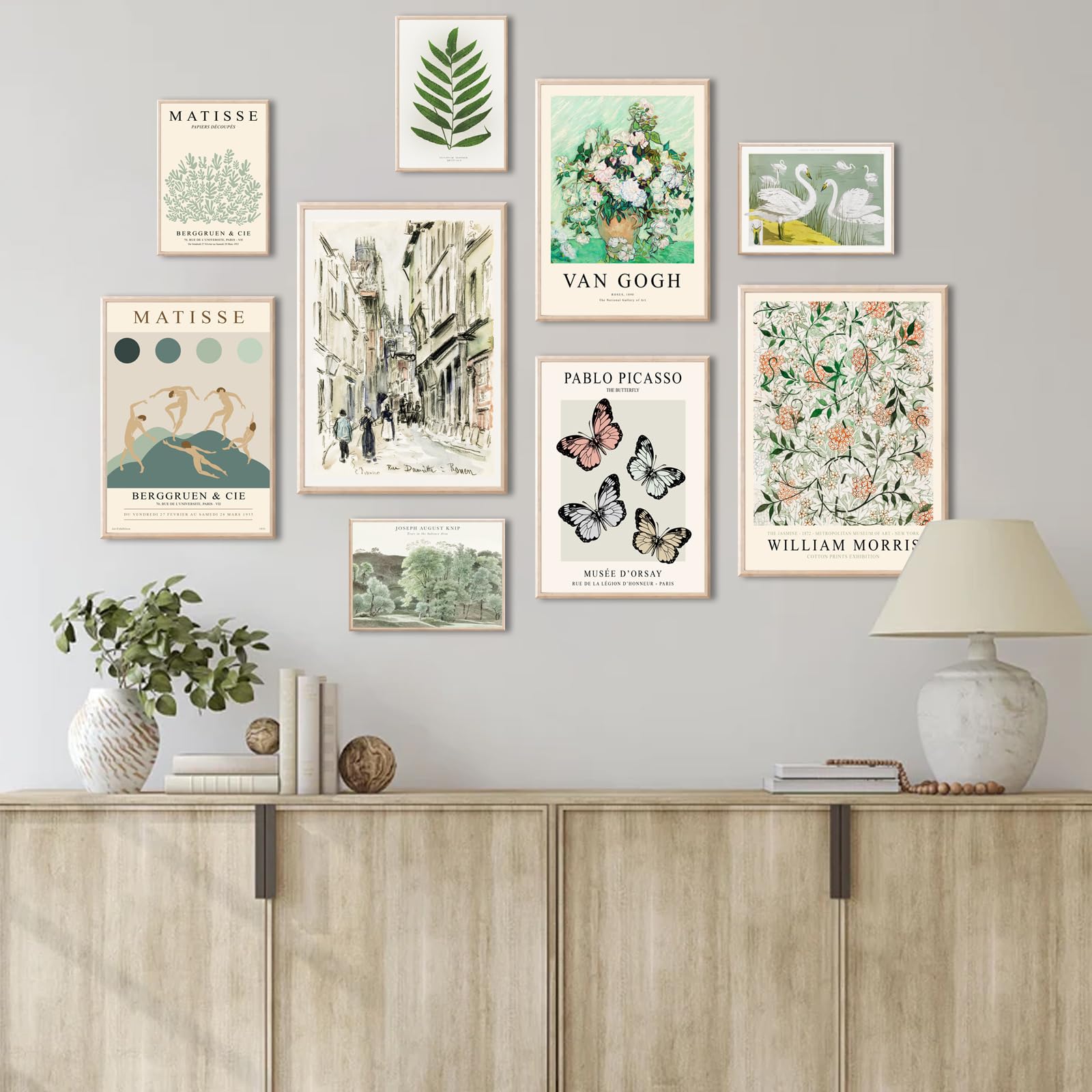 Uniro Sage Green Eclectic Wall Art Prints, 9 Pcs Matisse Wall Art Exhibition Posters For Room Aesthetic, Van Gogh William Morris